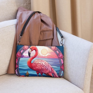 Bolso bandolera con flamencos de vitral, monedero de piel sintética, bolso de mano con flamencos, clutch con flamencos, regalos para amantes de las aves, ropa para vacaciones en cruceros de playa