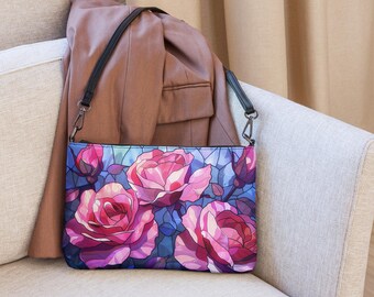Stained Glass Roses, Pink Crossbody Bag, Faux Leather Purse, Romantic Evening, Valentines Day Gift, Pink Roses Clutch, Pink Roses Wristlet