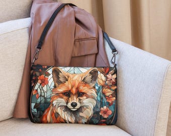 Stained Glass Fox Crossbody Bag, Faux Leather Purse, Flowery Fox Clutch, Cottagecore Wristlet, Gift for Fox Fan, Colorful Handbags, Woodland