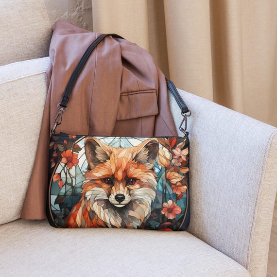 Stained Glass Fox Crossbody Bag, Faux Leather Purse, Flowery Fox