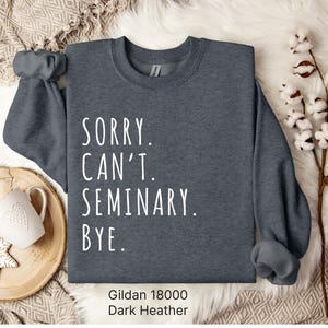 Op de afbeelding: Donkergrijs sweatshirt met de tekst "SORRY. CAN'T. SEMINARY. BYE." in wit gedrukt.