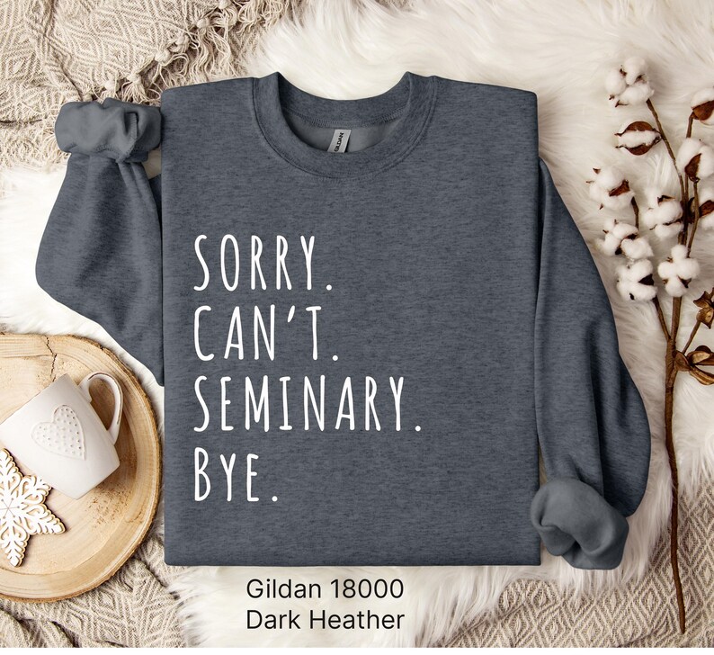 Op de afbeelding: Donkergrijs sweatshirt met de tekst "SORRY. CAN'T. SEMINARY. BYE." in wit gedrukt.