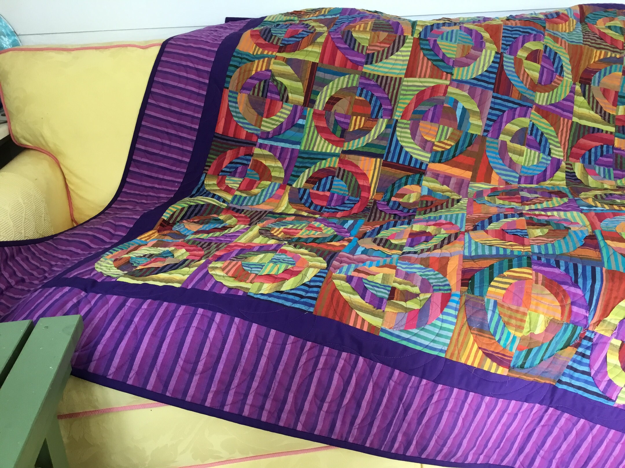 Bullseye Quilt Using Kaffee Fassett Woven Stripes, Unique, Bed Size
