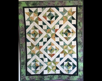 Traditional quilt in shades of green, gold and ivory. Soothing yet cheerful, relaxing and comfortable. Can be personalized. Versatile.  #88