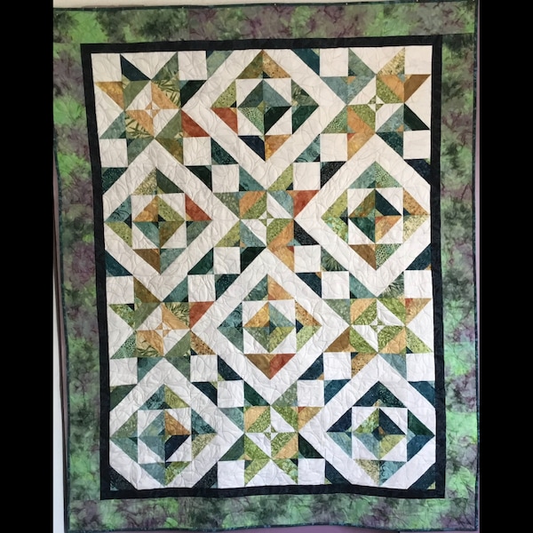 Traditional quilt in shades of green, gold and ivory. Soothing yet cheerful, relaxing and comfortable. Can be personalized. Versatile.  #88