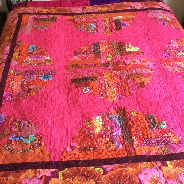 Traditional log cabin quilt pattern with a twist. Very vivid pink, orange and red. Stunning, colourful, can be Personalized. Happy, fun. #19