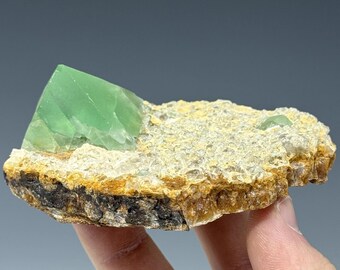 May include: A vibrant green fluorite crystal formation on a matrix of beige and brown rock. The fluorite has a geometric shape, and the rock has a rough, textured surface. The specimen is held by a hand.