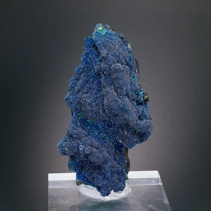 May include: A raw azurite mineral specimen featuring a deep, saturated blue crystalline structure with small, scattered flecks of vibrant green malachite throughout the textured, uneven surface, mounted on a clear acrylic display stand.
