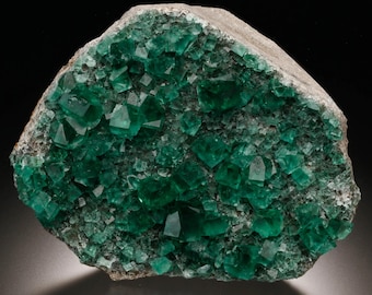 May include: A close-up of a mineral specimen with bright emerald-green crystals. The crystals are set on a rough, grey matrix, creating a striking contrast. The crystals have a geometric, cubic shape, and the overall appearance is natural and raw.