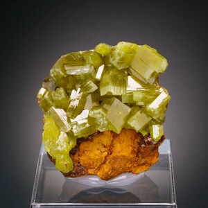Può includere: Un vibrante esemplare minerale con gruppi di cristalli giallo-verdi brillanti su una matrice marrone-arancio a contrasto. I cristalli hanno una forma prismatica, riflettendo la luce. Una suggestiva esposizione di formazioni geologiche naturali.