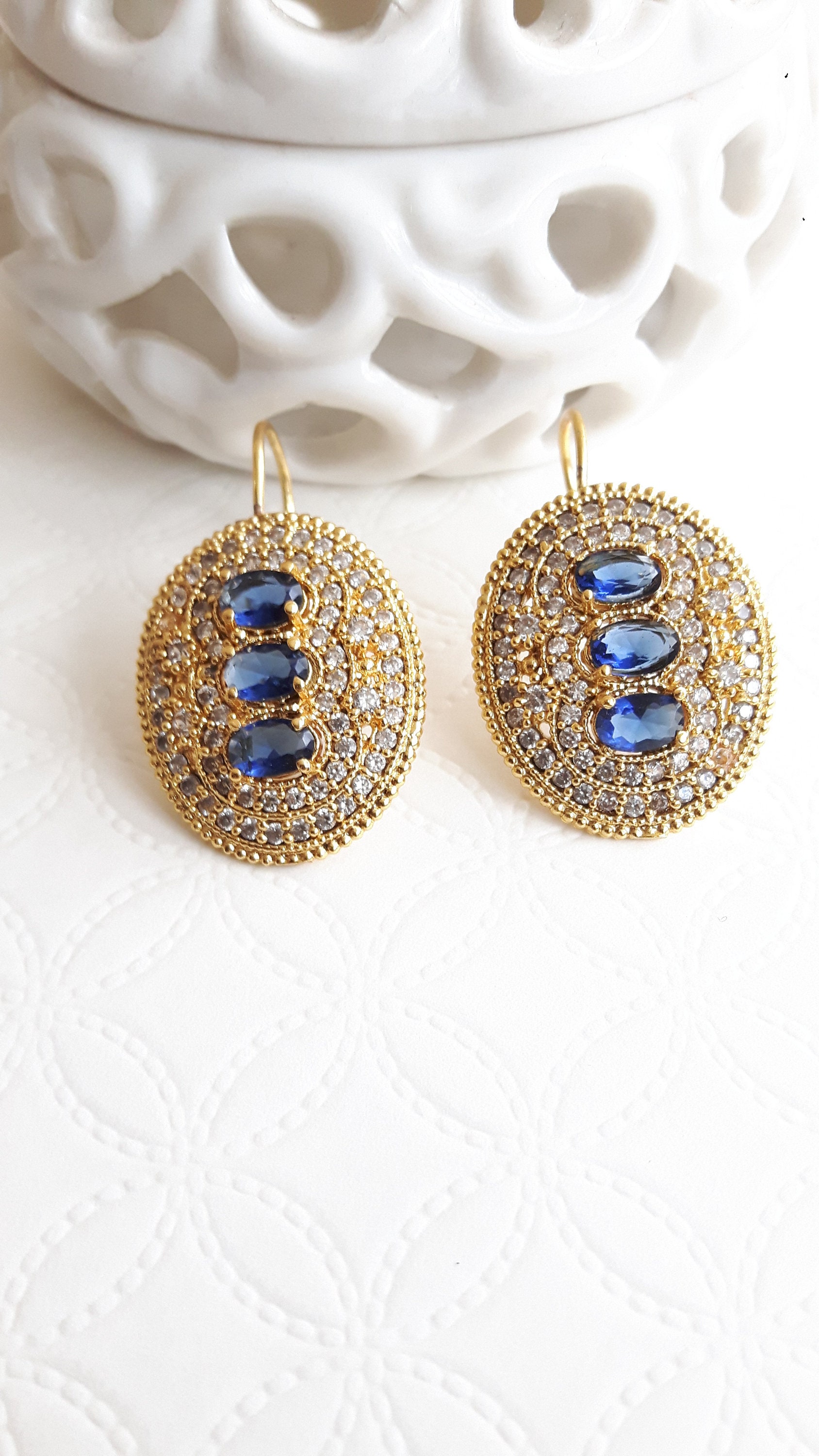 Blue Sapphire Stone Earrings White Zirconia Vintage Style Etsy