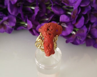 Mediterranean red coral ring. Natural coral. Real coral.