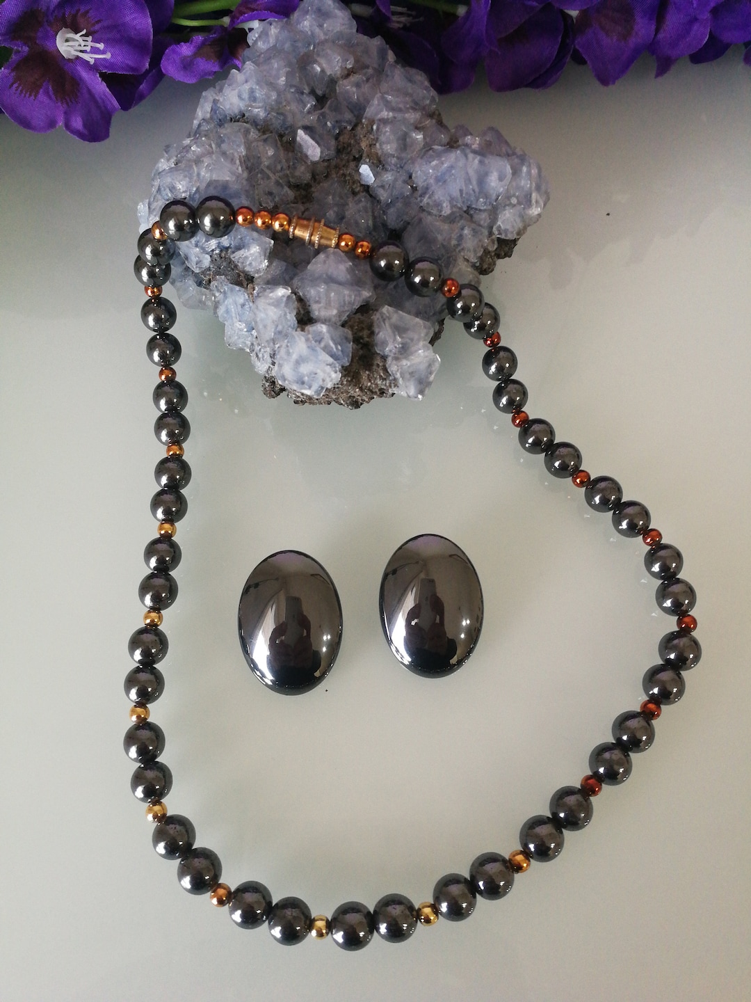 Collier Ancien En Hématite Et Agate Rose - Pierre Naturelle, Bijou Vintage Unique Et élégant