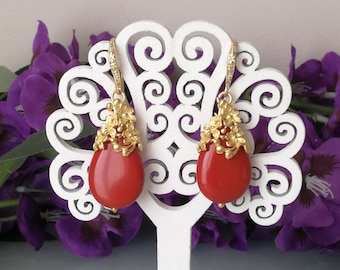 Vintage antique red coral compound earrings. Antique jewelry.