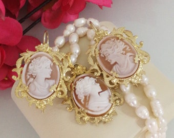Shell cameo earrings, shell cameo necklace. Antique paroure earrings and sardonic cameo necklace set. Antique jewelry.