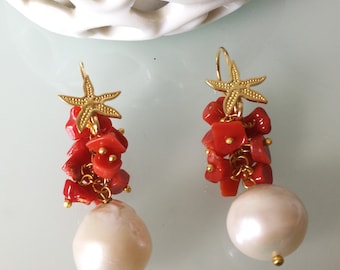 Boucles d'oreilles corail rouge méditerranéen et perle naturelle baroque blanche