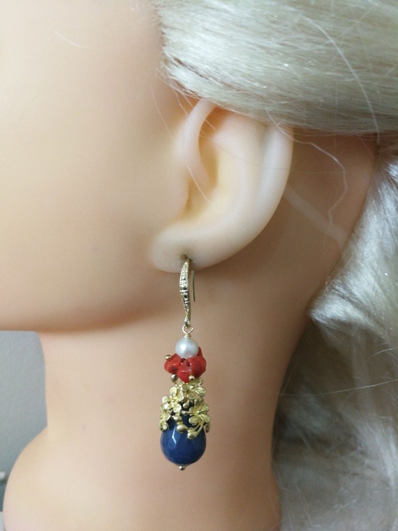 Teardrop blue angelite stone earrings, red coral.… - image 4