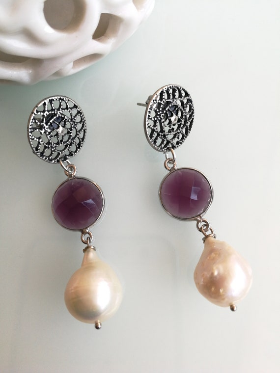 Orecchini perla naturale bianca barocca e pietre … - image 4