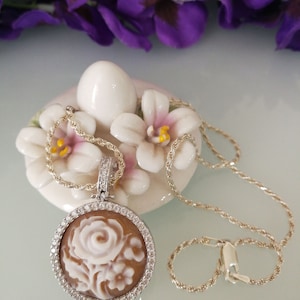 Original cameo necklace and white zircons from Torre del Greco Italy. Victorian style. Silver necklace. Sardonic cameo.