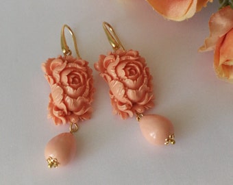 Boucles D'oreilles Anciennes - Corail Rouge, Perles Roses, Or Rose Sur Argent Massif, Pendantes Dormeuses
