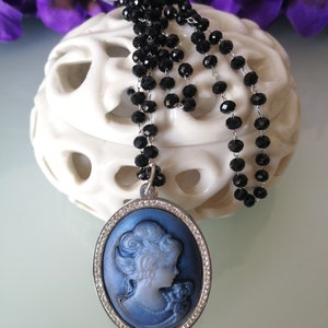 Victorian cameo necklace. Romantic cameo necklace women. Black crystal necklace. Rosary style cameo necklace.