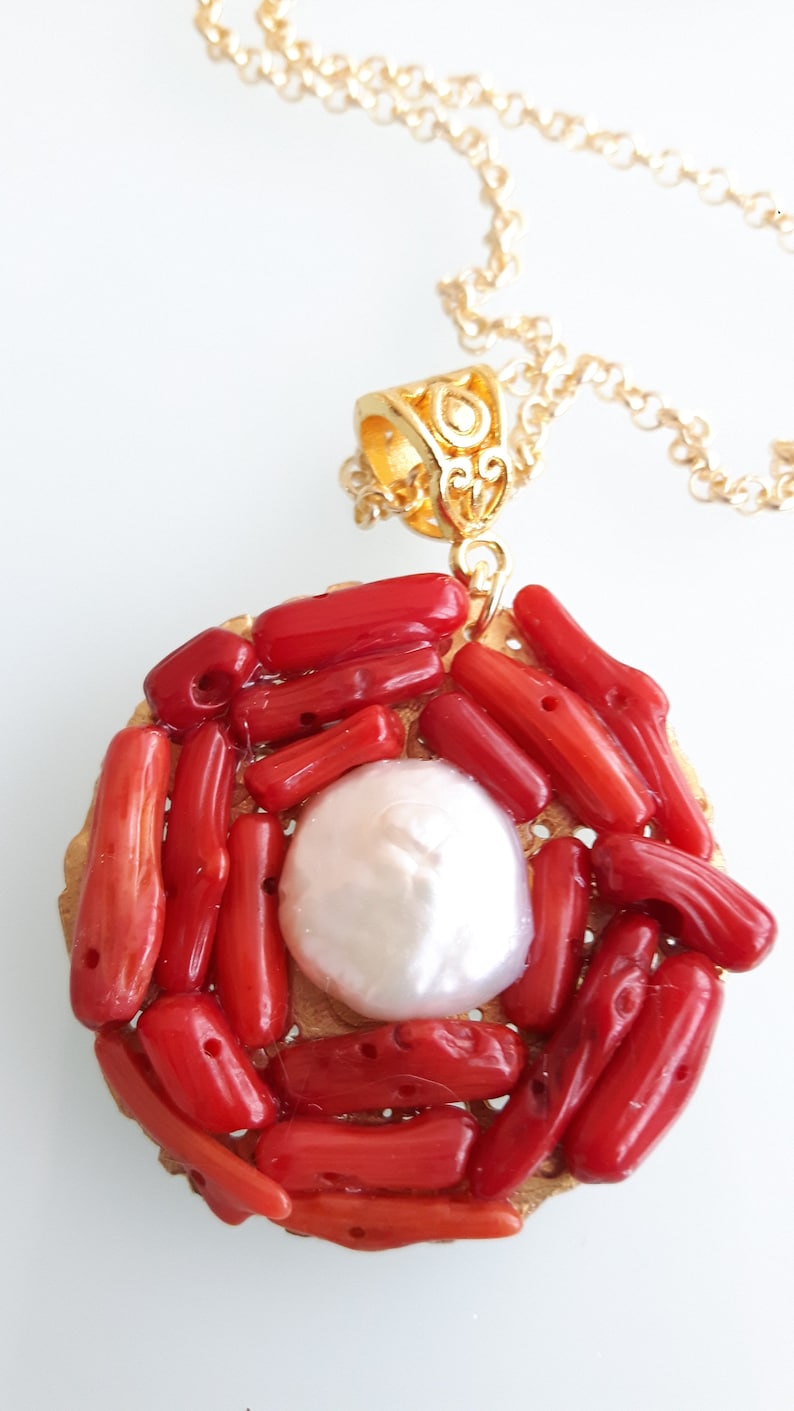 Red coral pendant and white pearl. Mediterranean red coral necklace and natural pearl
