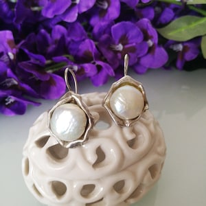 White baroque natural pearl earrings, 925 silver leaf, handcrafted