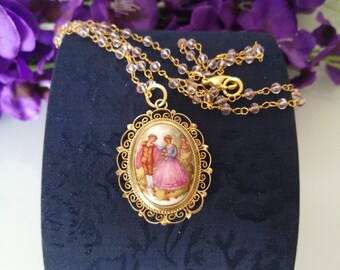 Antique vintage Victorian style ceramic cameo necklace. Antique jewelry.