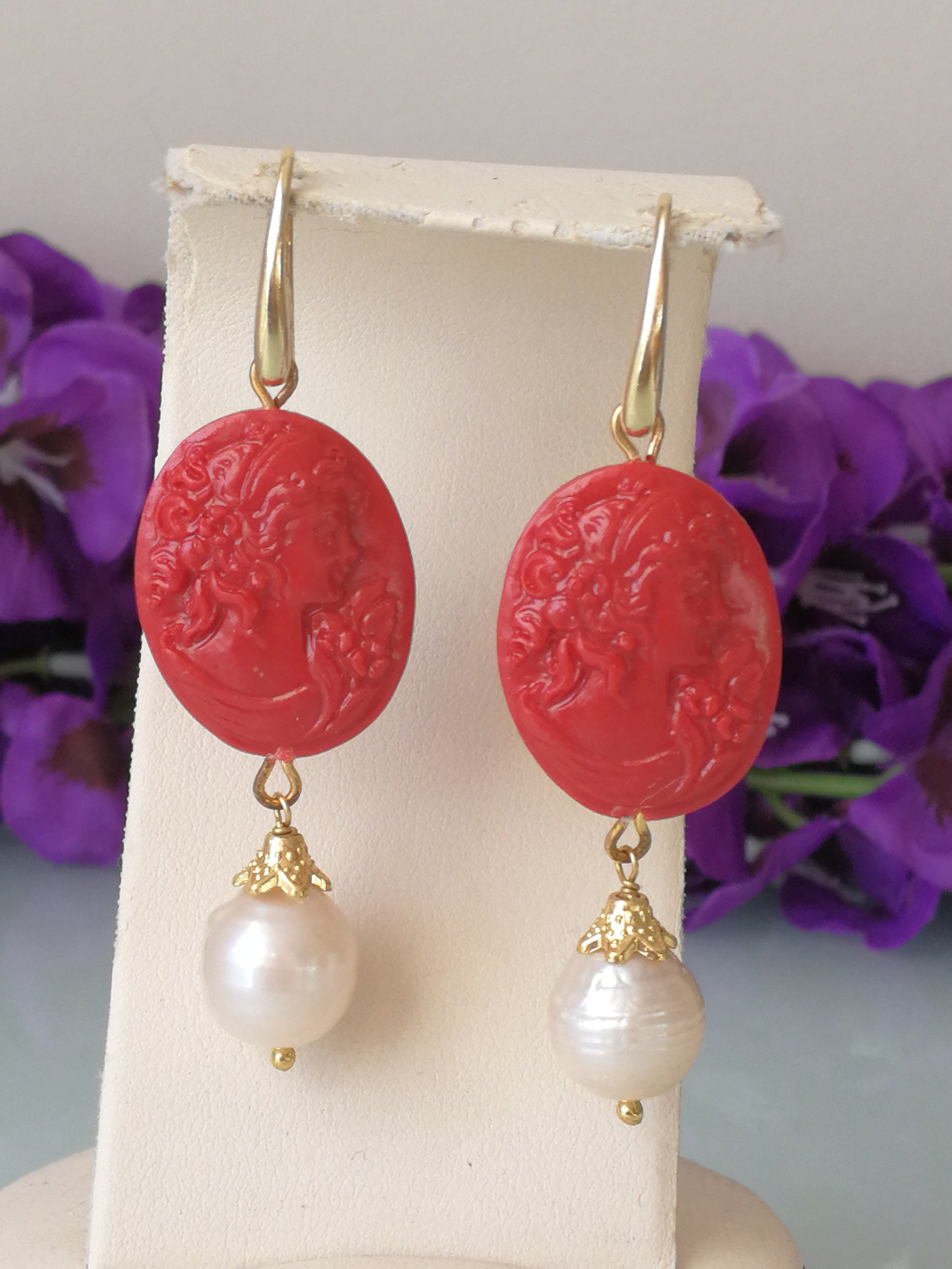 Boucles D'oreilles Argent 925 Or Avec Camées, Perles Et Corail Rouge - Neuf Avec étiquette