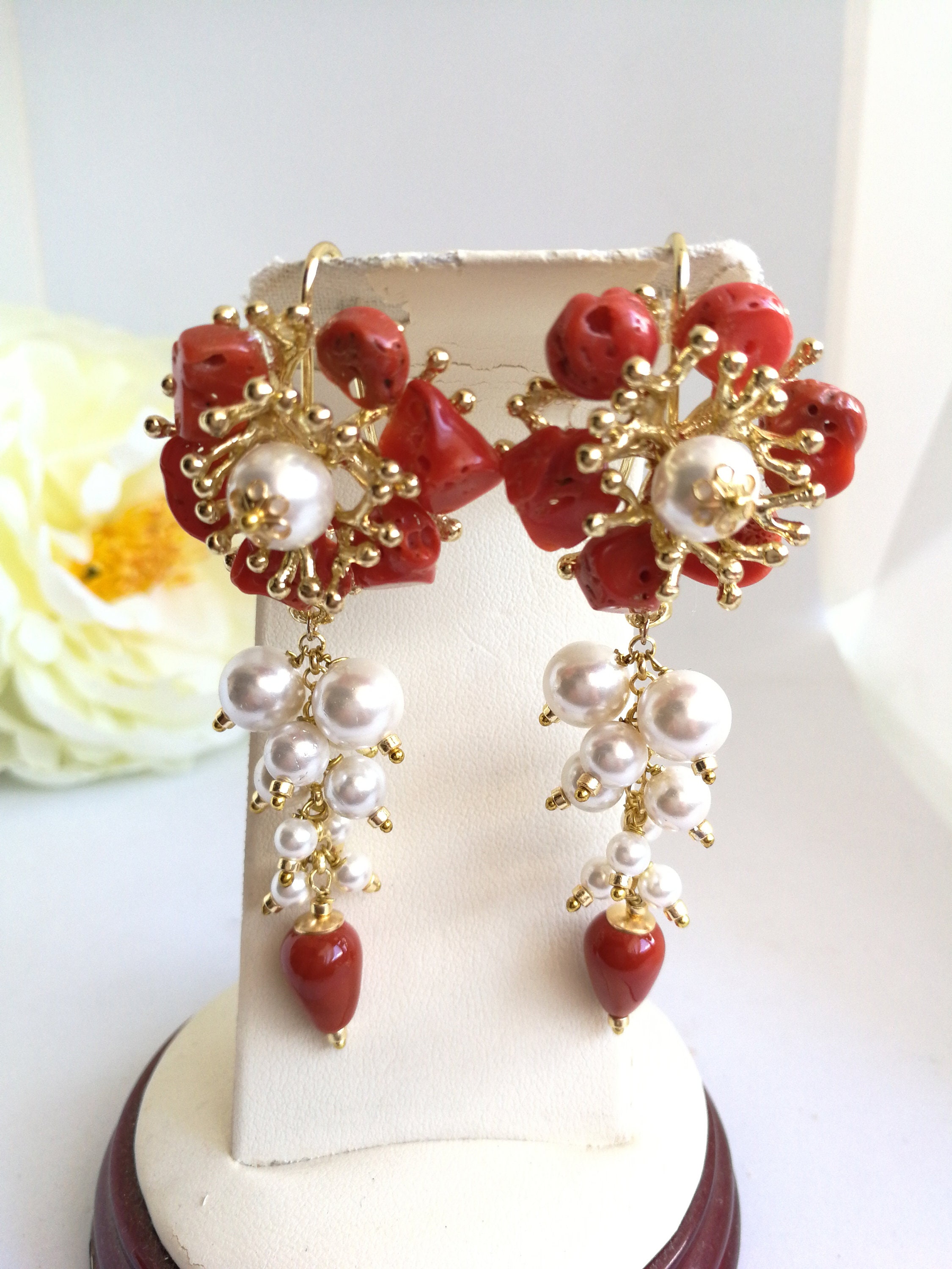 Natural red coral earrings of the Mediterranean Coral flower earrings Real coral handmade.