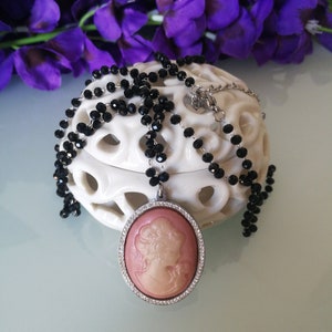 Victorian cameo necklace. Romantic cameo necklace women. Black crystal necklace. Rosary style cameo necklace.
