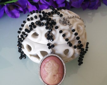 Victorian cameo necklace. Romantic cameo necklace women. Black crystal necklace. Rosary style cameo necklace.