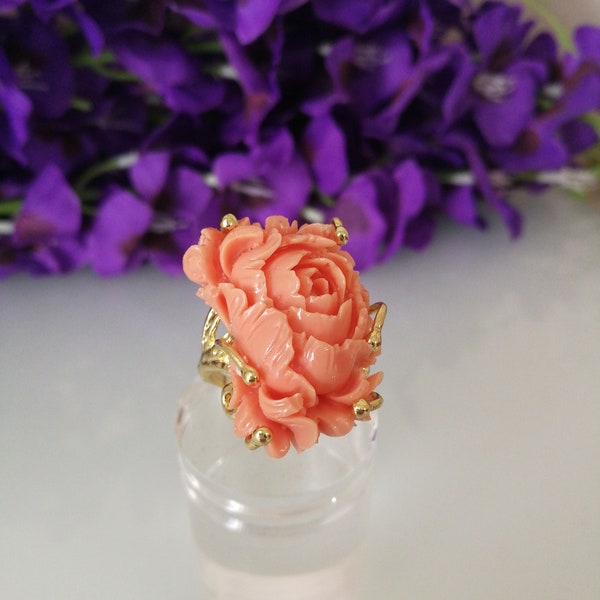 Pink composite coral ring. Japanese rose in worked coral.