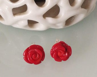 Natural red coral rose earrings. Natural coral earrings. Silver earrings.