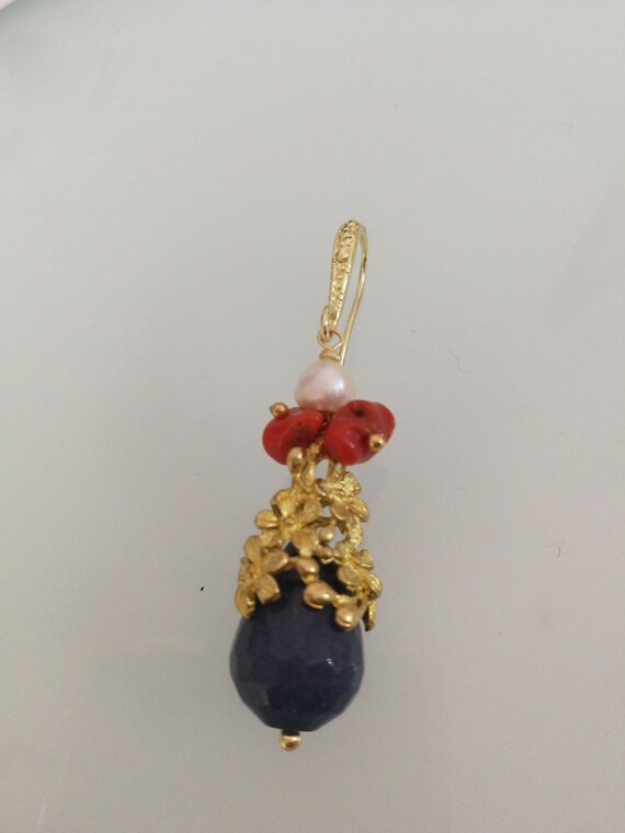 Teardrop blue angelite stone earrings, red coral.… - image 3