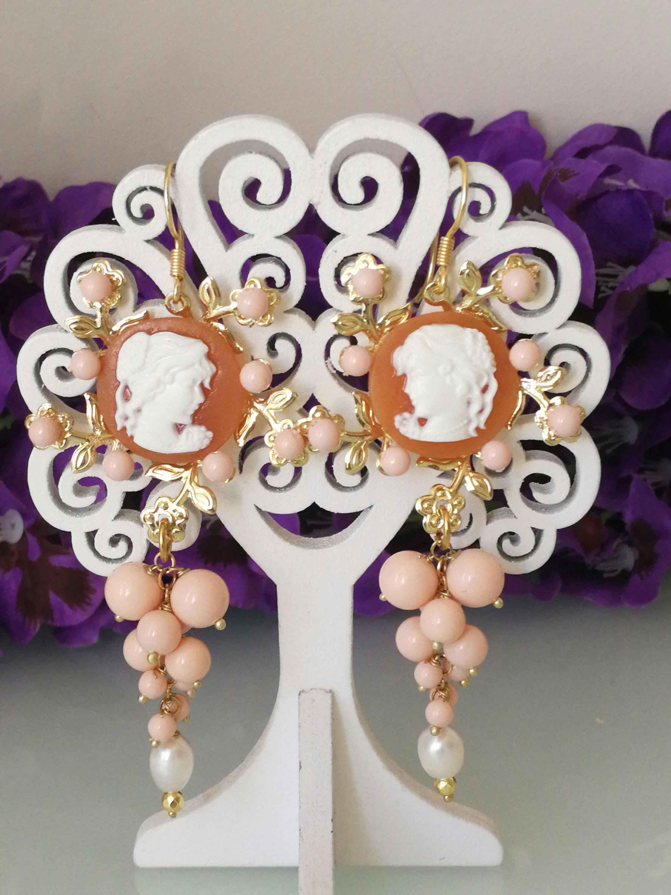 Boucles D'oreilles En Argent 925 Avec Perles, Camées Roses Et Corail - Dormeuses - Neuf Avec étiquettes