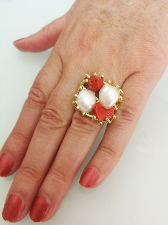 outlets discounted Mediterranean red coral ring. Pearl ring. Silver ring. |  kancelariapiechaczek.pl