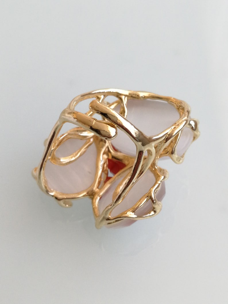 Ring stone real white quartz Natural red coral ring of the Mediterranean