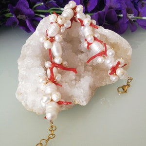 Natural Mediterranean red coral bracelet and white baroque natural pearls.