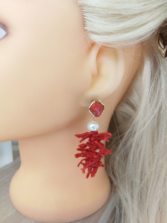 Boucles D'Oreilles Anciennes En Corail & Perle Fine - Tige Argent 925 & Plaqué Or