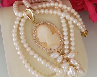 Original shell cameo necklace. Natural pearl necklace. White zircon necklace.Sardonic cameo.