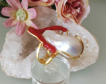 Mediterranean red coral ring. Natural pearl ring. Silver ring.