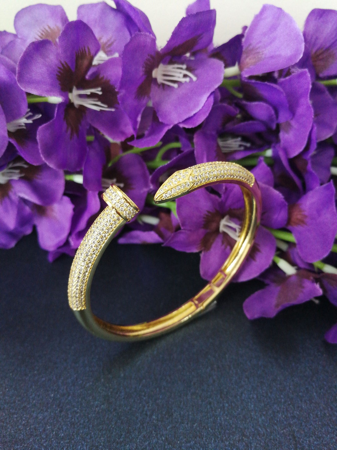 Women's Rigid Circle Snake Bracelet With White Zircons Etsy
