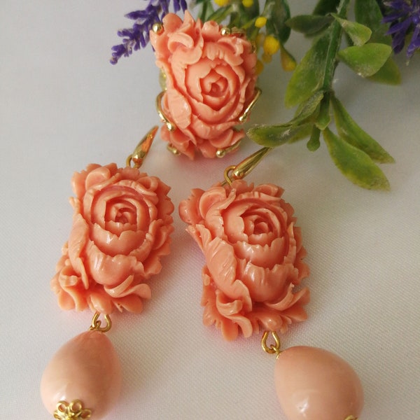 Coral pink ring, coral pink earrings. Pink coral pink earrings and ring set.