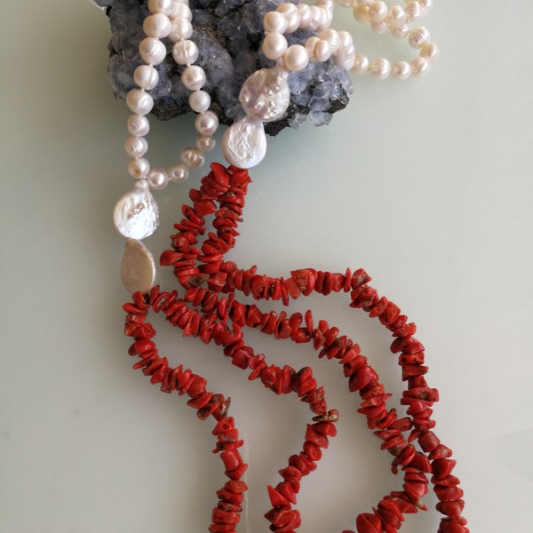 Natural Mediterranean red coral necklace. White baroque natural pearl necklace. Maxi necklace.