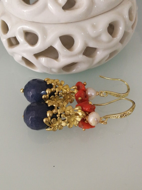 Teardrop blue angelite stone earrings, red coral.… - image 2