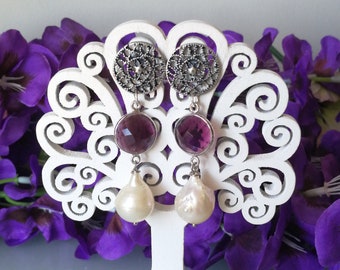 Natural white baroque pearl earrings and amethyst stones. Antique earrings. Vintage earrings.