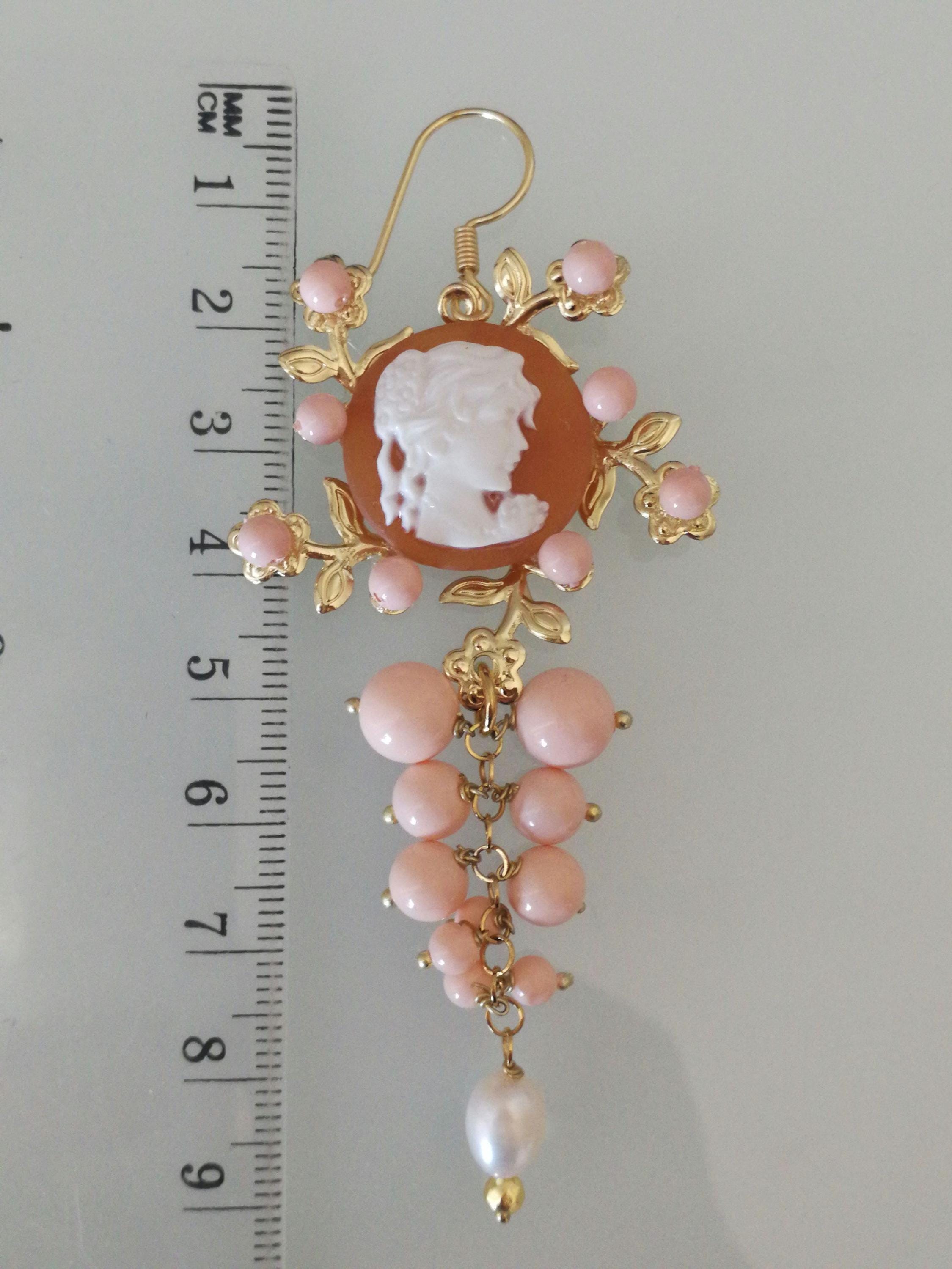 Boucles D'oreilles Argent 925 Avec Perles Camées Roses & Corail - Neuf Avec étiquettes