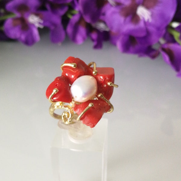 Mediterranean red coral ring and natural pearl. Coral flower ring.