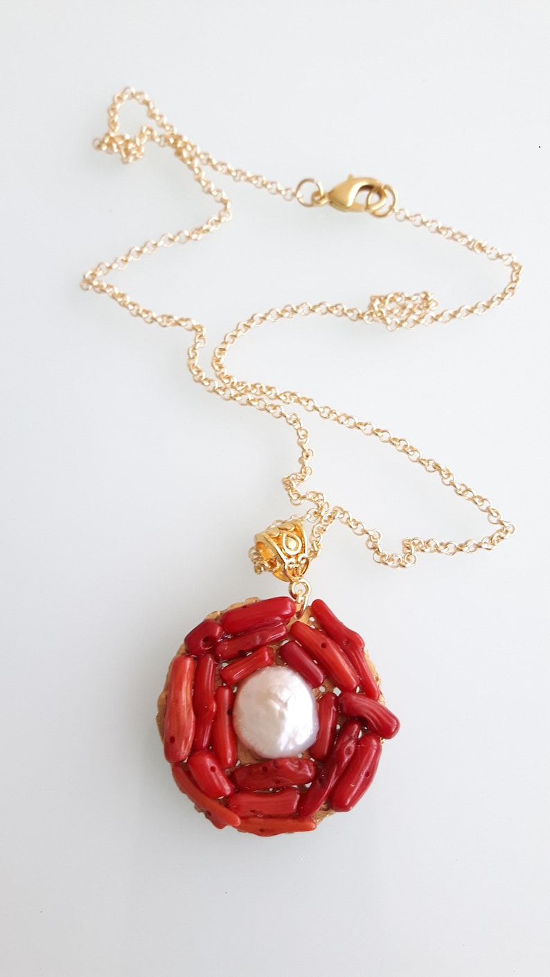 Red coral pendant and white pearl. Mediterranean red coral necklace and natural pearl